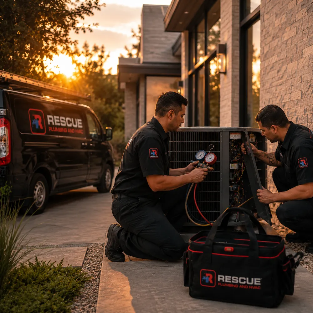Two Rescue techs installing a new A/C condenser at a Northern NJ home