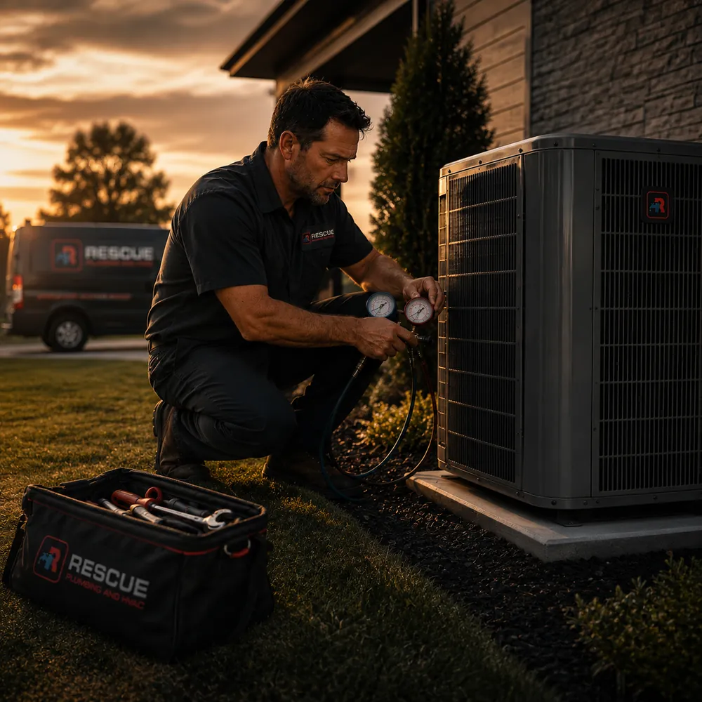 Rescue tech testing refrigerant pressures on a residential A/C condenser in Northern NJ