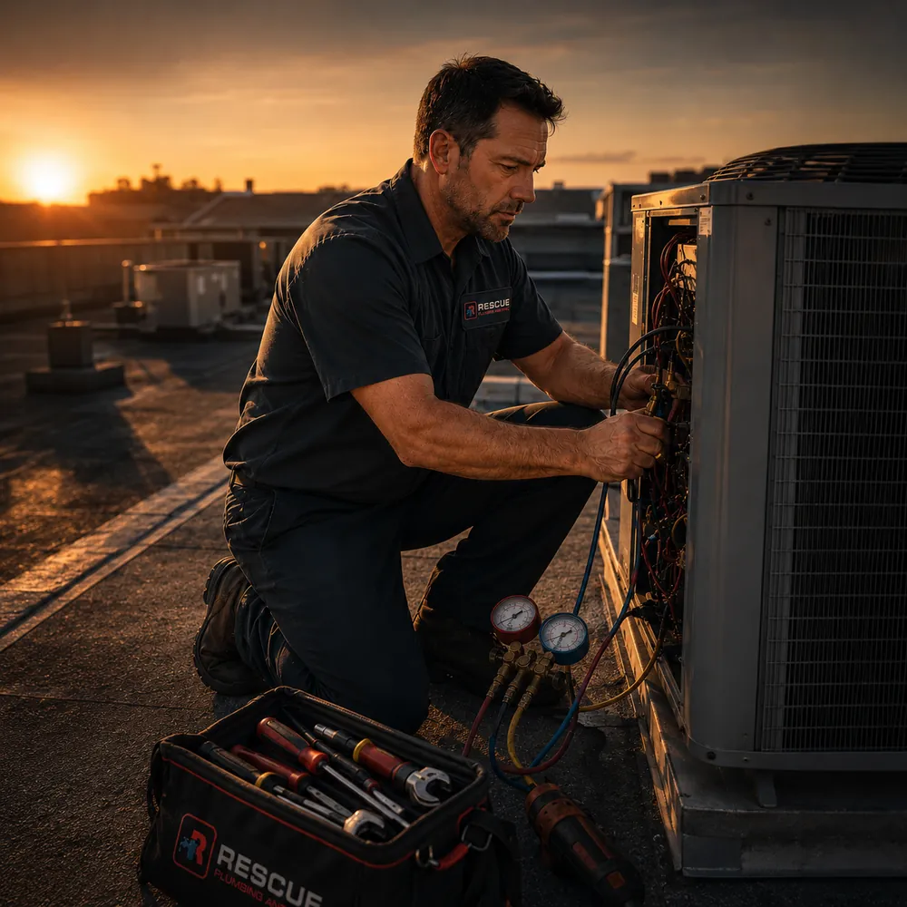 Rescue tech servicing a rooftop A/C unit at sunset