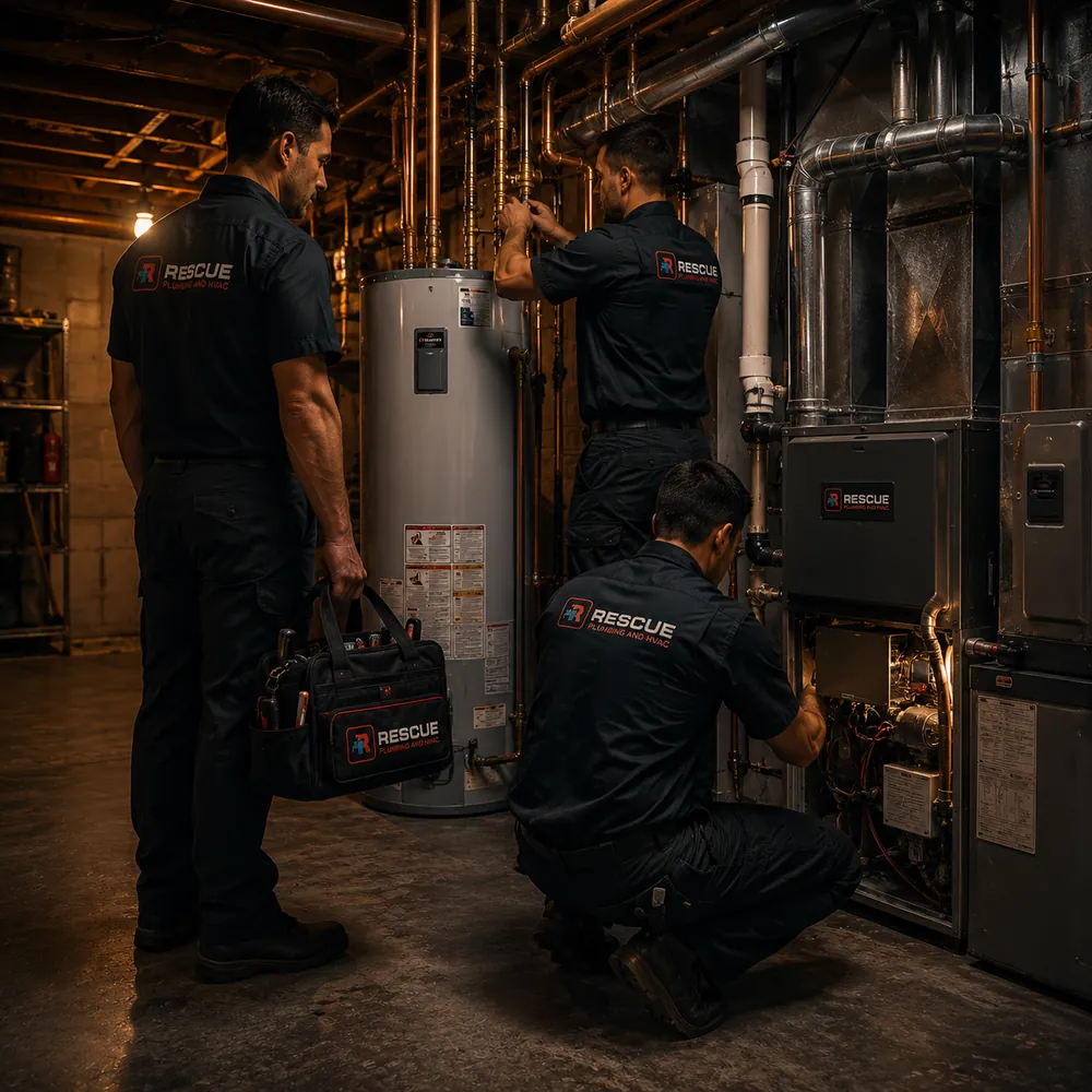 Rescue technicians working on heating equipment in a basement