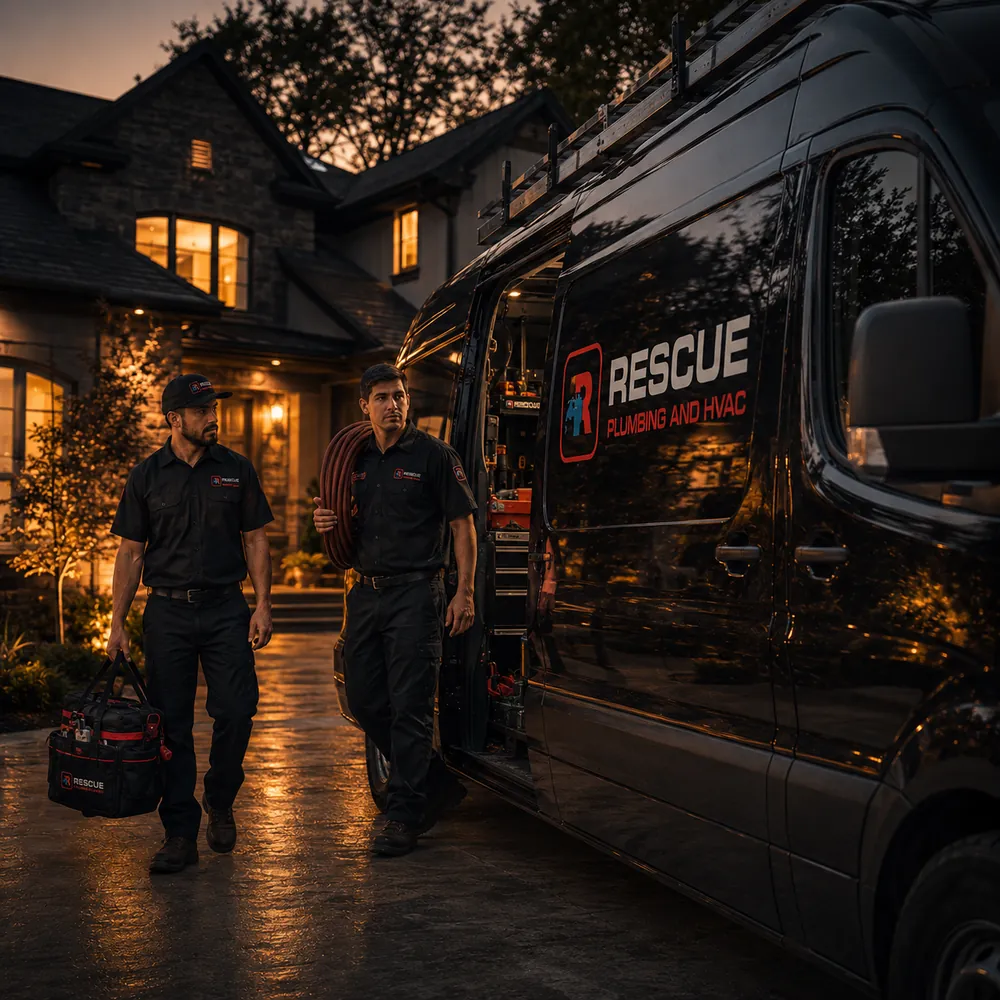 Two Rescue techs unloading a stocked service van at dusk